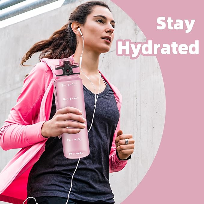 OLDLEY 32 oz Water Bottle, Motivational Water Bottle with Time Marker, Sports Water Bottle With Strap, Leakproof & BPA Free Large Water Bottles for School, Gym, Travel, Outdoor, Tritan,Pink