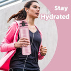 OLDLEY 32 oz Water Bottle, Motivational Water Bottle with Time Marker, Sports Water Bottle With Strap, Leakproof & BPA Free Large Water Bottles for School, Gym, Travel, Outdoor, Tritan,Pink