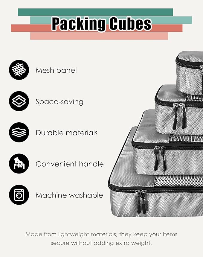 WTREE 4-Piece Packing Cubes Travel Accessories Set for Suitcases - Luggage Organizer Bags with Double Zipper - Mesh Top - Small/Medium/Large/Slim - Grey