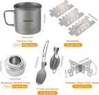 Titanium Camping Cookware 500ml Titanium Cup with Alcohol Stove, Cross Stand, Windscreen & Folding Spork, Lightweight Portable Outdoor Camping Stove and Cup Set for Backpacking Hiking