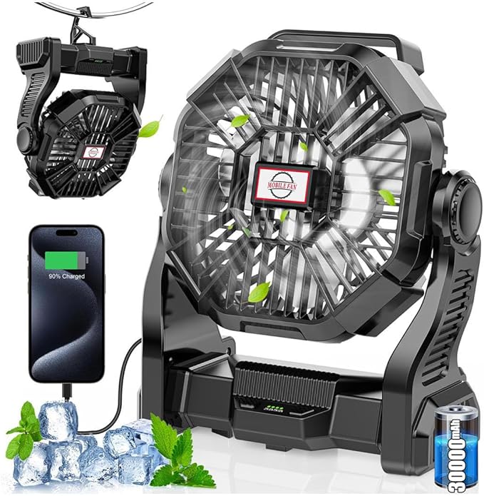 30000mAh Rechargeable Camping Fan with LED Lantern,Portable Battery Powered Outdoor Fan for Bedroom,Camping,Travel,Hiking,Beach,Office,Trave Accessories(Black)