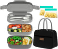 JBGOYON® Bento Lunch Box Set - 3 Stackable Containers for Adults and Kids- Includes Lunch Bag, Leak-Proof and BPA-Free - Built-in Utensil Set and Snack Bag - Dishwasher Safe(Grey Black)