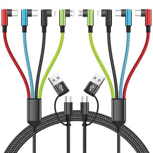 Travel Essentials 90 Degree Charging Cable, 4 in 2 USB A/USB C Multi Charging Cable, Right Angle Universal Phone Charger with IP/Type C/Type C/Micro Port, Compatible with Most Cell Phones and More