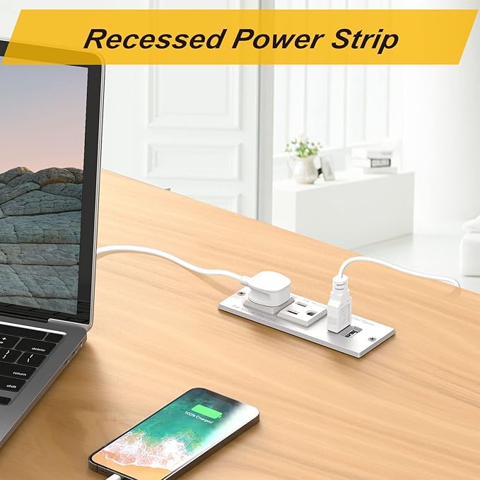Recessed Outlet Desk Outlets with USB Ports Recessed Power Strip with 2-Socket 2-USB Charging Ports Desktop Power Grommet Charging Station with 6FT Extension Power Cord,Flat Plug