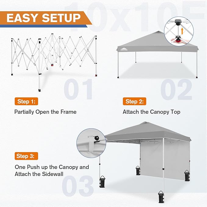 EAGLE PEAK Pop Up Canopy Tent with 1 Sidewall, Easy Setup Event Tent, Outdoor Sun Shade, Wheeled Carry Bag, Stakes and Guy Ropes, Instant Canopy 10x10, Light Gray