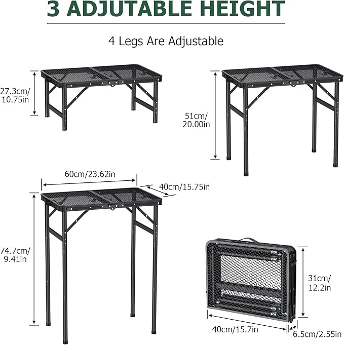 JiGiU Folding Grill Table with Mesh Desktop Lightweight & Portable Camping Table Outdoor Grill Tables Aluminum Alloy Foldable Grill Table 3 Height Adjustable for Camping Picnic Cooking BBQ