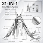 EDC Multitool, 21-in-1 Heavy-duty Stainless Steel Finish Multi Tool Pliers with Safety Locking | Seat Belt Cutter - Men's Gift Set Including Nylon Sheath for DIY, Home, Garden & Outdoors