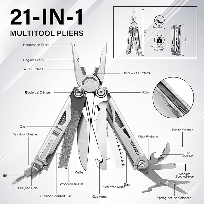 EDC Multitool, 21-in-1 Heavy-duty Stainless Steel Finish Multi Tool Pliers with Safety Locking | Seat Belt Cutter - Men's Gift Set Including Nylon Sheath for DIY, Home, Garden & Outdoors
