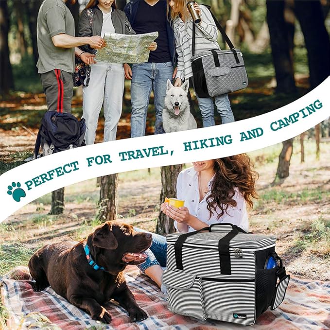 PetAmi Dog Travel Bag, Travel Pet Bag Organizer, Dog Food Travel Bag with Container Collapsible Bowls, Pet Travel Supplies Gift Accessories Weekend Camping, Puppy Cat Diaper Bag, Stripe Black Medium