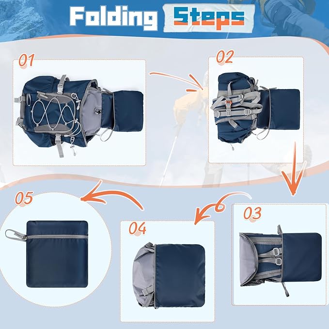 RAINSMORE Foldable Hiking Backpack for Women Men Packable Camping Backpack 40L Waterproof Hiking Daypack Bag Lightweight Collapsible Daypack for Travel Trekking Mountaineering Large Capacity Blue