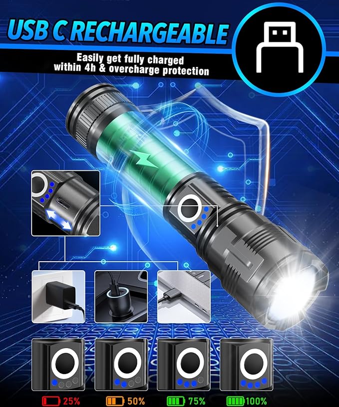 Flashlights High Lumens Rechargeable USB C Flash Light, Super Bright LED Flashlight with Case Box, Long Beam 3280Ft, Waterproof Tactical Flashlight Powerful for Emergency, Camping