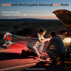 12 Inch Portable Camping Fan, 40000mAh Rechargeable Battery Powered Fan with 4 Speeds Wind and LED Light 140H, Cool & Warm Light and SOS Mode, Auto Oscillating, 360° Rotating Hang Hook(Orange)