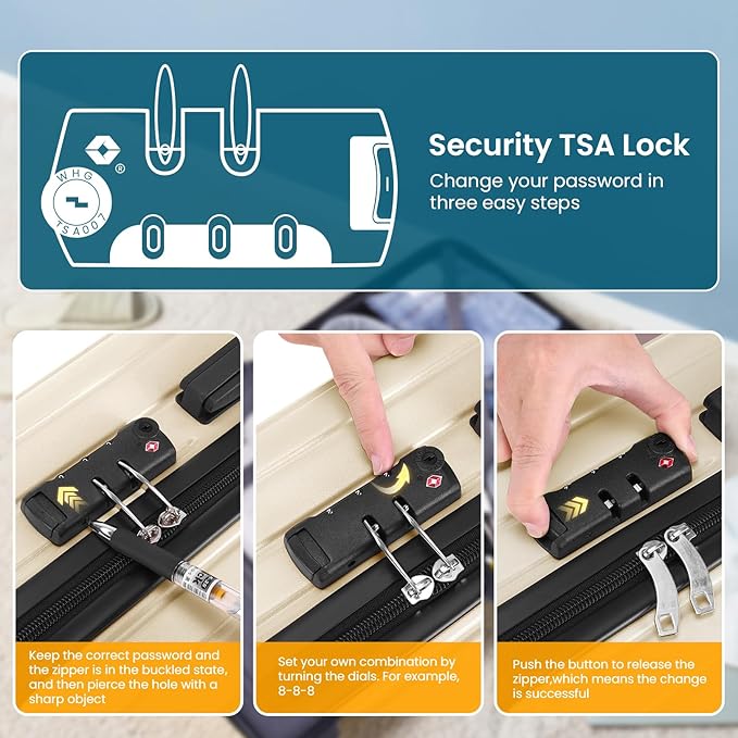 Hoteel 5 Piece Luggage Set (4-YEAR WARRANTY) ABS+PC Hardshell Carry on Suitcase with Spinner Wheels & TSA Lock for Men and Women, Rolling Suit Case for Plane, Travel, Business, Beige (20/24/28/DB/TB)