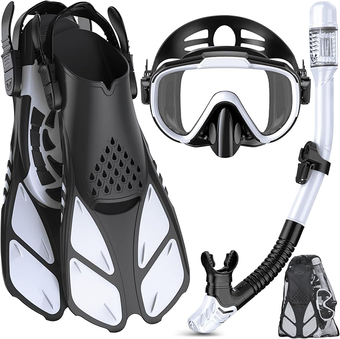 Snorkeling Gear for Adults Men Women,4 in 1 Snorkel Set with Panoramic View Diving Mask Anti-Fog Anti-Leak,Dry Top Snorkel,Fins and Travel Bag for Swimming,Snorkeling and Travel Diving