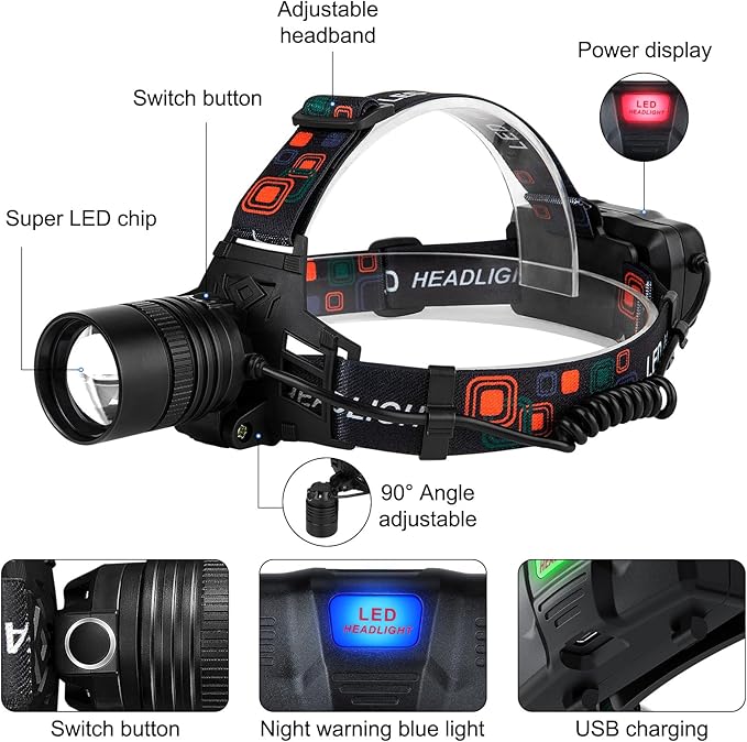 Rechargeable Headlamp, 99000 Lumens Super Bright LED Head Lamp with 3 Modes, 90° Adjustable Head Lights for Forehead, 45H Long Runtime & IPX6 Waterproof HeadLamps for Camping Hunting Hiking