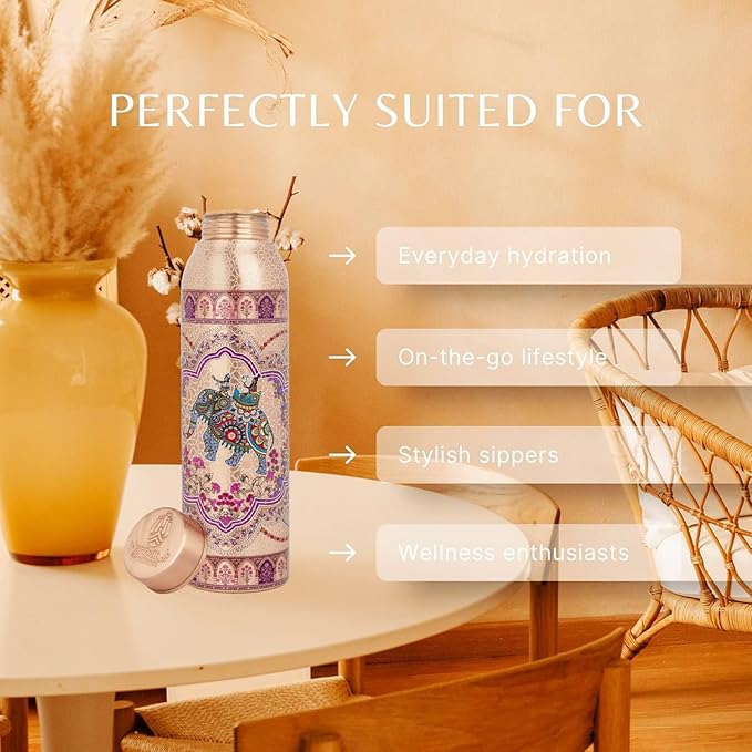 NORMAN JR Copper Water Bottle 1L - Ethnic UV Print, an Ayurvedic vessel made from pure copper - helps you drink more water, with many health benefits in Gift Box - Pack of 3