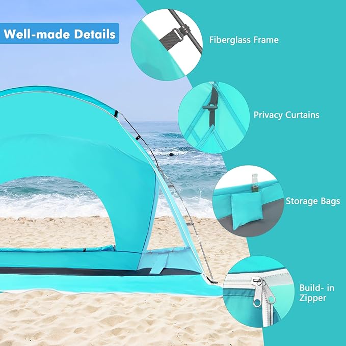 Beach Tent, Portable Sun Shelter for 2/3/4/6-8 Person with UPF 50+ UV Protection, Easy Setup Waterproof Beach Shade Canopy Cabana for Family Outdoor and Picnics, Fishing with Carrying Bag