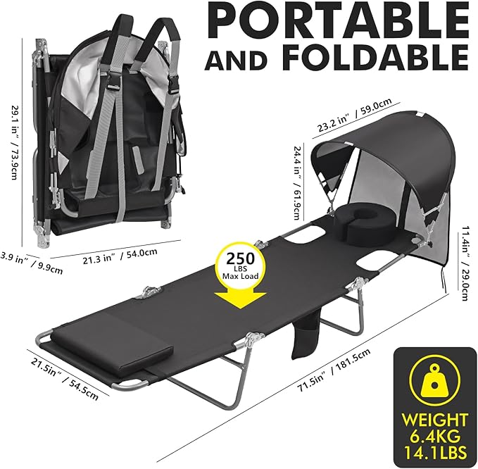 Backpack Beach Tanning Lounge Chair with Canopy Shade Face Hole Padded Adjustable Washable, 6 Position Layout Chair for Outside Sunbathing Poolside Lawn, UPF 50+ Wind-Resistant Sun Shade, 2 Pack