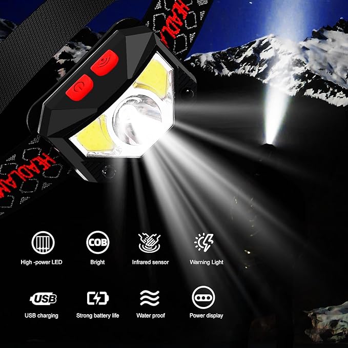 Headlamp Rechargeable 2 Pack, Bright LED Head Lamp Outdoor 1100 Lumen Headlight with White Red Light, Motion Sensor Waterproof 8 Modes Headlamps Flashlights for Running Cycling Fishing