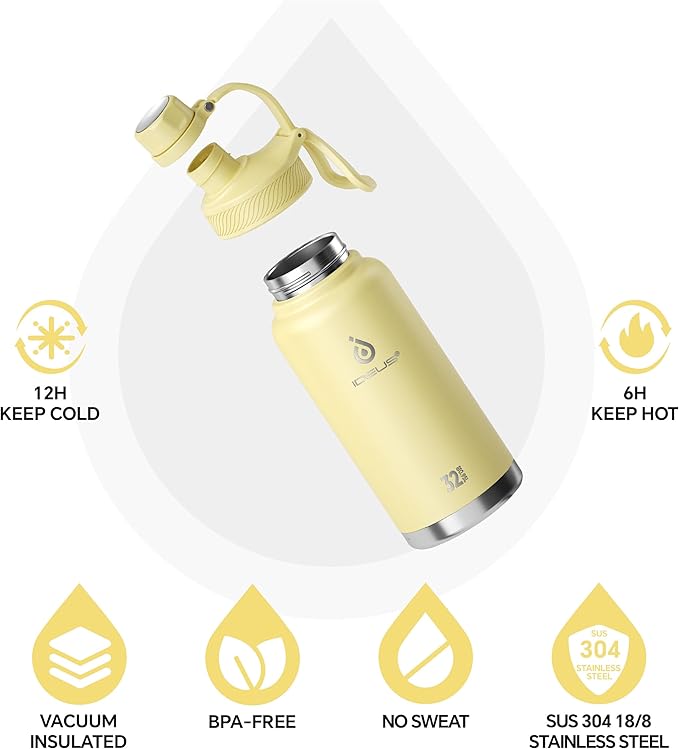IDEUS Insulated Stainless Steel Water Bottle with 2 Leak-Proof Lids, Thermal Water Flask for Hiking Biking, 32oz, Light Yellow