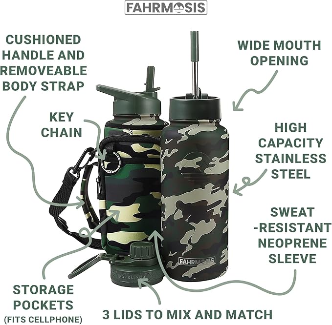 32 Oz Insulated Water Bottle with Strap Stainless Steel Sports Water Bottle with 3 Lids (Straw, Chug & Flip Lid) 1 Liter Leak Proof Insulated Metal Jug for Men & Women - Camo