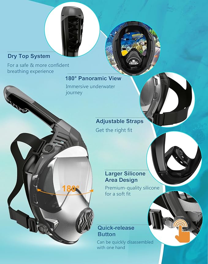 Full Face Snorkel Mask- Snorkeling Gear for Adults with Safe Dry Top Breathing System, Latest Foldable Panoramic View Snorkeling Mask for Men and Women, Anti Fog Anti Leak