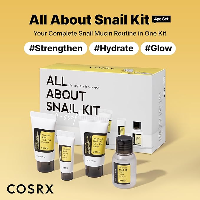 COSRX All About Snail Mucin Korean Skin Care Set, Mini Travel Essentials, Travel Size Gift Set with Snail Mucin Face Wash, Serum, Moisturizer & Eye Cream, Rejuvenating Kit, Mothers Day Gifts for Mom