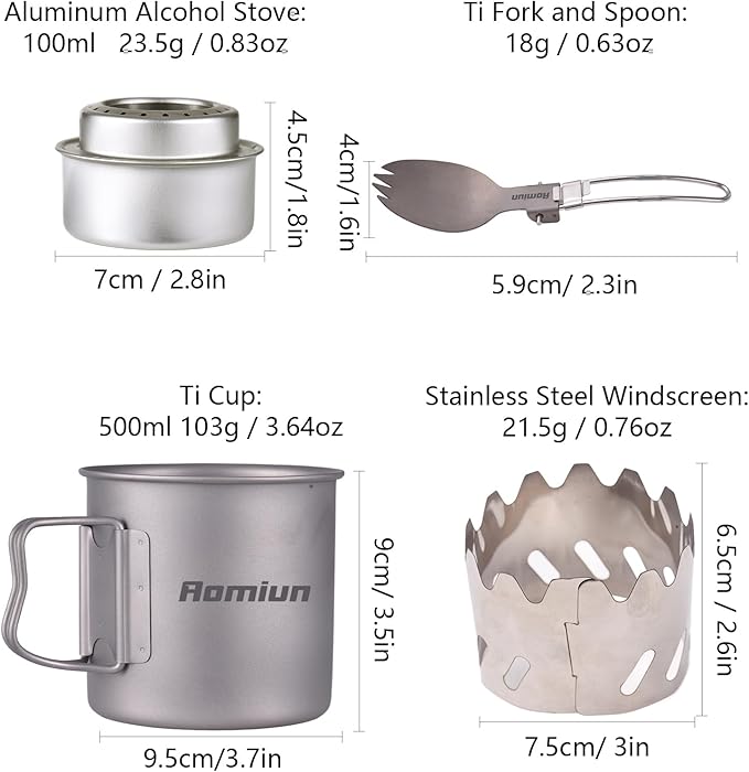 Titanium Camping Cookware Cup/Burner Combination 500ml Titanium Cup with Foldable Handle & Lid Spork Spoon Alcohol Stove Windscreen, Camping Cooking Stove and Cup Set for Backpacking