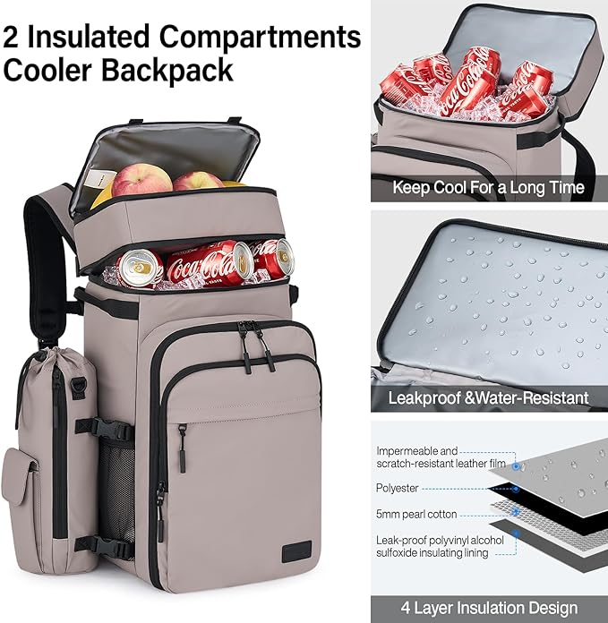 Backpack Cooler, 40 Cans Soft Leak Proof Picnic Backpack, Hanke Portable 2 Insulated Compartments Cooler Backpack Water Resistant for Lunch Beach Travel Camping Picnic Hiking (Grey)
