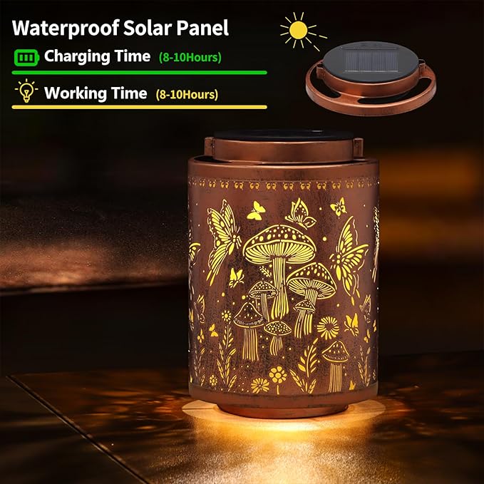 Solar Lanterns Outdoor Waterproof Mushroom Butterfly Garden Decor Gifts for Women Mon Grandma Metal Hanging Solar Lights Decoration for Outside LED Lanterns for Yard Patio Lawn