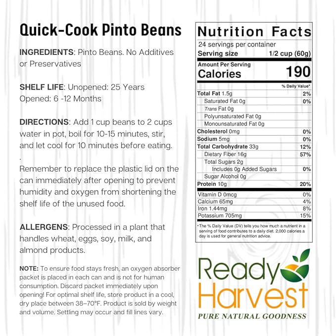 Ready Harvest Emergency Food - Quick-Cook Pinto Beans | Dried Beans | Survival Food | #10 Can | 25-Year Shelf Life | 3 lbs | Cans Filled to the Top