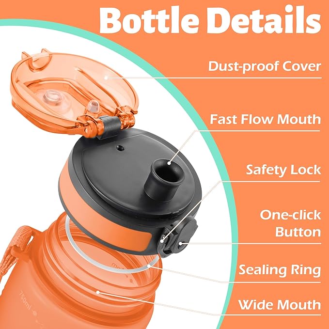 OLDLEY 25 oz Water Bottle, Motivational Water Bottle with Time Marker, Sports Water Bottle With Strap, Leakproof & BPA Free Large Water Bottles for School, Gym, Travel, Outdoor, Tritan,Orange&Green