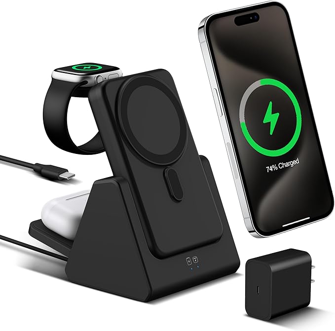 3-in-1 Wireless Charging Station: Portable 10000mAh Power Bank Charger Compatible for Phone Air/17/16/15/14/13/12 Series and Watch - Detachable Magnetic Charging Stand Black