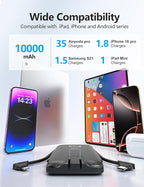 Portable Charger Power Bank with Built in Cable and AC Wall Plug, 10000mAh Fast USB C Phone Charger, Slim Thin Mini Power Bank Charging Battery Pack