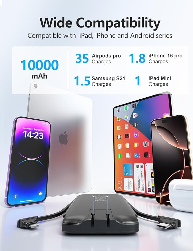 Portable Charger Power Bank with Built in Cable and AC Wall Plug, 10000mAh Fast USB C Phone Charger, Slim Thin Mini Power Bank Charging Battery Pack