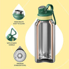 IDEUS Insulated Stainless Steel Water Bottle with 2 Leak-Proof Lids, Thermal Water Flask for Hiking Biking, 32oz, Green