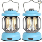 Rechargeable LED Camping Lanterns, 2000mAh Vintage Camping Lights Battery Operated Rechargeable , Hanging Retro Metal Hiking Tent Lamp for Emergency, Hurricane,Decoration,Home,Blue,2 Pack
