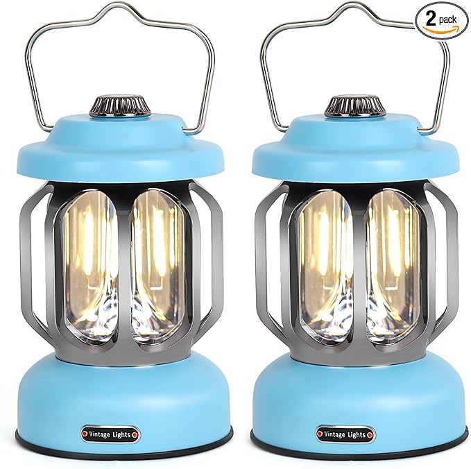 Rechargeable LED Camping Lanterns, 2000mAh Vintage Camping Lights Battery Operated Rechargeable , Hanging Retro Metal Hiking Tent Lamp for Emergency, Hurricane,Decoration,Home,Blue,2 Pack