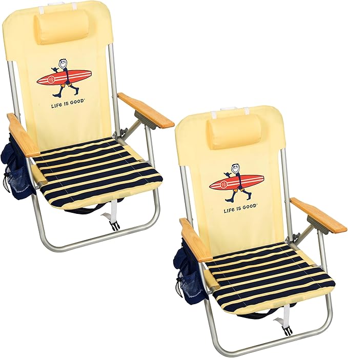 Life is Good 2-Pack 4-Position Aluminum Backpack Beach Chairs, Portable Folding Camp Chairs with Carrying Straps for Camping, Beach, Tailgating, Multi Color