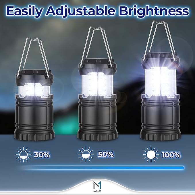 Mata1-USA LED Camping Lanterns (Black, 2 Pack), Emergency Lights for Power Outages, Long-Lasting Battery-Powered Lights w/ 3 Adjustable Brightness Levels, Collapsible Lamps for Indoor & Outdoor Use