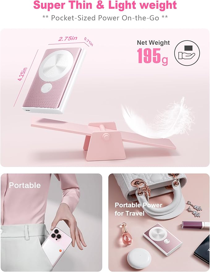 Kesguar Magnetic Portable Charger, 10000mAh 22.5W PD Super Fast Charging Wireless Power Bank. Ultra-Strong Magnet, USB C in&Out Battery Pack for Magsafe, iPhone 17/16/15/13/12 Pro Series, Pink