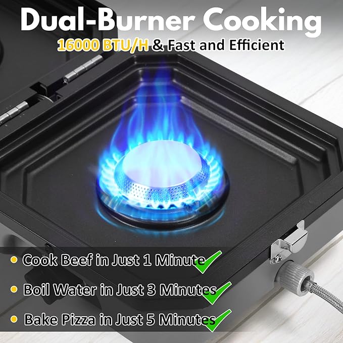 Adjustable 2-Burner Portable Stove with 16000 BTU, Flameout Protection, with Camping Grill and Carrying Bag, Propane Camping Stoves for Camping, Backyard BBQ,Tailgating (Grey)