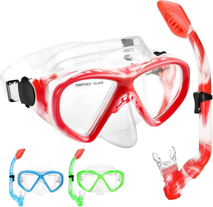 Kids Snorkel Set Dry Top Snorkeling Gear for Kids Youth Boys Girls Junior Age 5-15,Tempered Glass Swimming Diving Mask and Snorkel Set 180 Degree Panoramic View