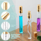 Zhehao 100 Pcs Mini Spray Bottles 10 ml Clear Glass Perfume Bottles Refillable Fine Mist Perfume Atomizer Portable Empty Sample Containers for Cleaning, Essential Oils, Travel (Gold Cap)