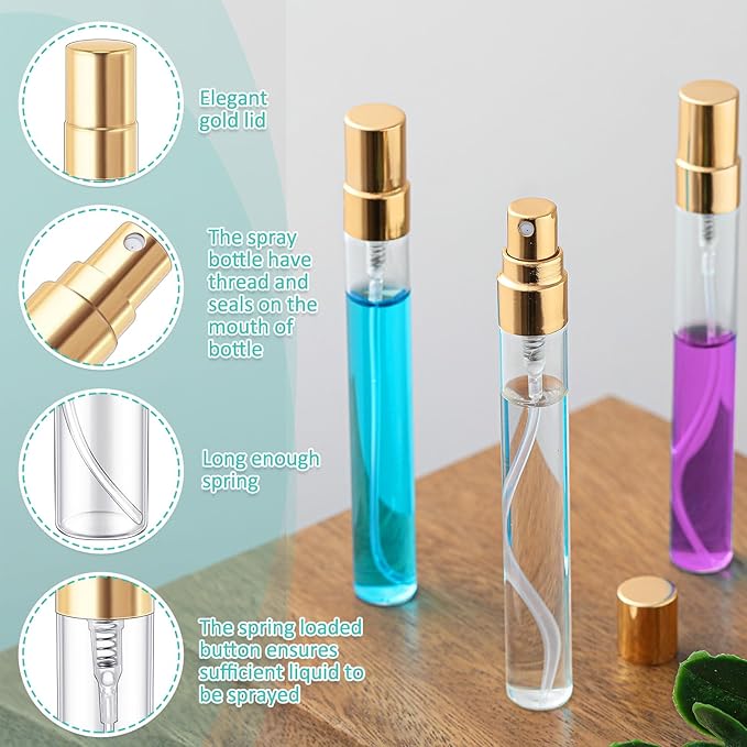 Zhehao 100 Pcs Mini Spray Bottles 10 ml Clear Glass Perfume Bottles Refillable Fine Mist Perfume Atomizer Portable Empty Sample Containers for Cleaning, Essential Oils, Travel (Gold Cap)