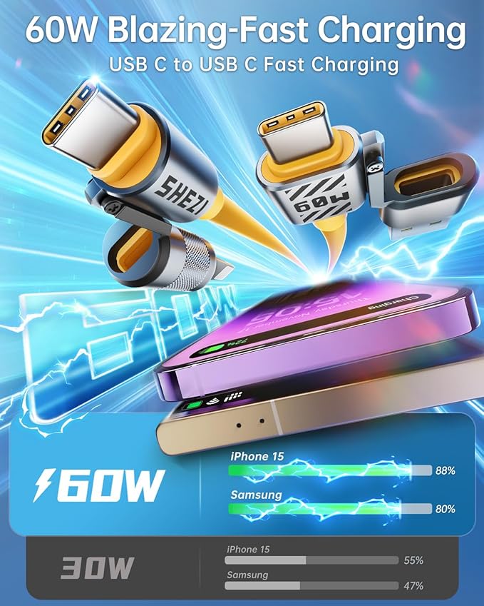 4 in 1 USB C Cable 60W Compatible With Lightning Cable Fast Charging & Data Transfer, Multi Charger Cord Combo for iPhone iPad Charger Wire with L/Type C/USB A for iPhone 16/15/Macbook, Yellow