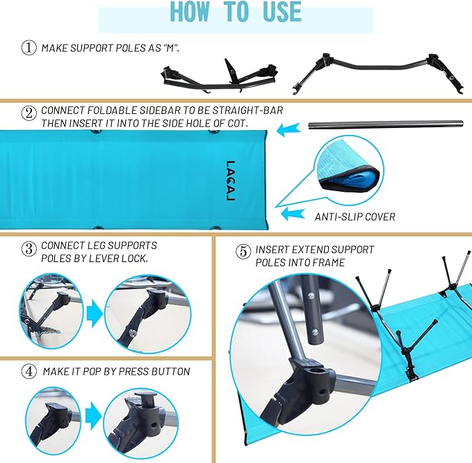 Foldable High/Low 2 Modes Camping Cot, with Extend Legs, Storage Bag, Ultralight & Durable Backpacking Travel Tent Cot, Max Loading Capacity 264lbs, Easy to use for Woman & Man
