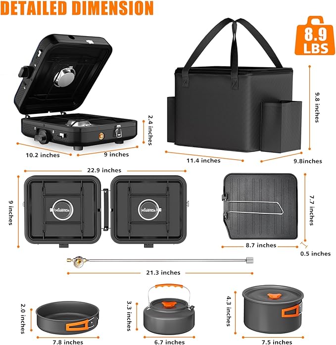 Hisencn 2 Burner Foldable Camping Stove with Griddle,Portable Propane Camp Stove, 20000 BTU Propane Stove, Outdoor Gas Stove with Carry Bag,Includes Frying Pan, Kettle, and Pot, Adjustable Burners