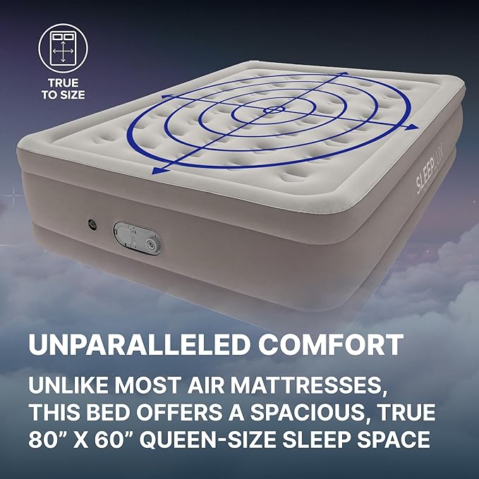 SLEEPLUX Dream Luxury Queen Air Mattress, Built-in Dual Pump, Stays Inflated All Night, 20” Double-High Blow-Up Airbed with Coil Beams, for Guests, RV Camping & Home, 1-Year Warranty