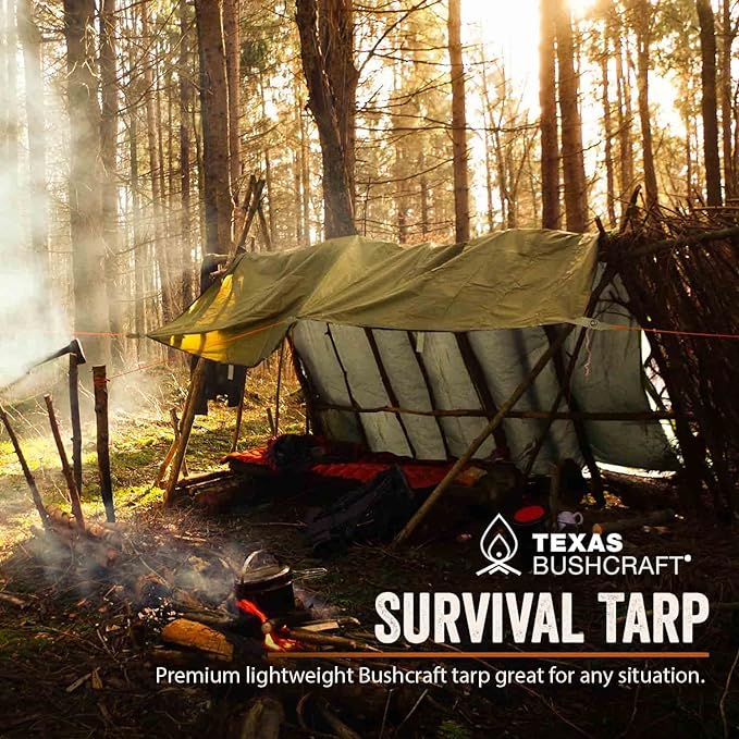 Texas Bushcraft Emergency Camping Tarp, Waterproof 10x10 Emergency Shelter for Backpacking and Hiking, 70D Ripstop Nylon Survival Tarp with Reflective Aluminized Polymer and Loop Ties with Grommets